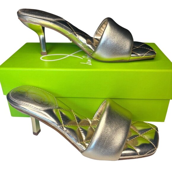 Sam Edelman Starla Heeled Sandals Gold Leather Quilted Footbed Size 7 New In Box - Picture 2 of 11